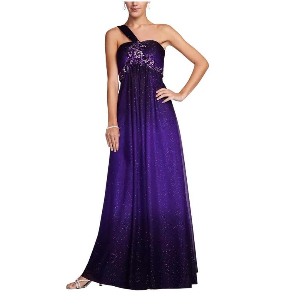 XSCAPE One Shoulder Beaded Glitter Purple Ombre Prom/Evening Flowy Gown Size 18